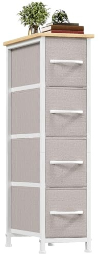 Somdot Schmale Kommode, Schlafzimmer, 4 Kleine Schubladen, Aschgrau | Komodenschrank, Stoffkommode, Wohnzimmer, mit Stoffschubladen, Metallrahmen, Holzwerkstoffplatte, 48T x 20B x 75H cm