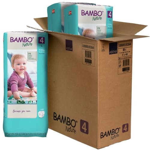 Bambo Nature Premium Eco Windeln, nachhaltige Windeln mit Umweltzeichen, verbesserter Auslaufschutz, sichere und bequeme Babywindeln, sicher und bequem - Windeln Größe 4 (7-14 kg), Maxi, 144 Pck.