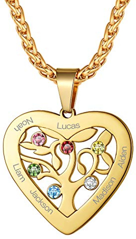 Suplight personalisiert Familienkette 925 Silber/Edelstahl Geburtssteinkette Namenskette Herz/Baum des Lebens Anhänger Halskette mit Gravur Partnerschaft Freundschaft Schmuck mit Geschenkbox