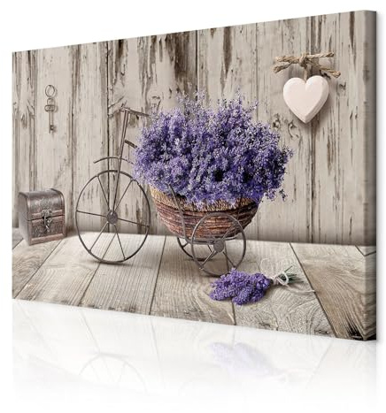 decomonkey Wandbilder Blumen 90x60 cm 1 Teilig Leinwandbilder Kunstdruck | Strukturleinwand, Holzkeilrahmen, Bild auf Leinwand, Wanddeko, Wohnzimmer, Wanddekoration, Lavendel, Fahrrad