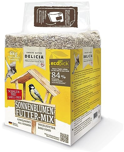 DELICIA® Vogelfutter Sonnenblumen FutterMix (6kg) · Ganzjahresfutter für Wildvögel & Gartenvögel · Im wiederverschließbaren FrischePack · Streufutter für jeden Vogel · Vogelfutter ganzjährig