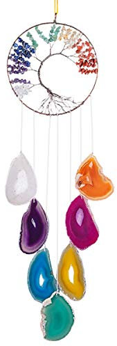 KYEYGWO 7 Chakra Baum des Lebens Hängeornament mit Mehrfarbig Achat Scheiben, Heilung Kristall Aufhängene Handgemacht Edelstein Windspiel Traumfänger Hängedeko für Haus Hochzeit Souvenir