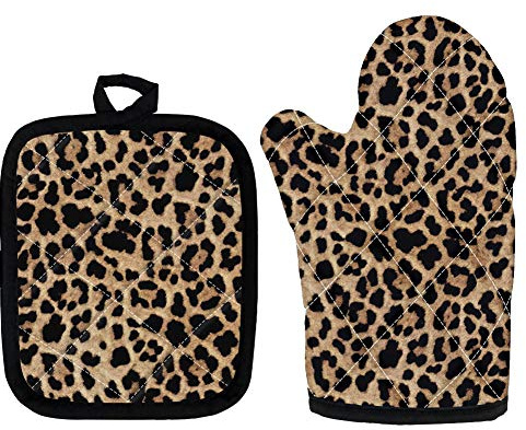 UOIMAG Ofenhandschuhe, Leopardenmuster, Topflappen, Pad mit Aufhängeschlaufe, hitzebeständig, Küchenset, Geschenk für Damen und Herren