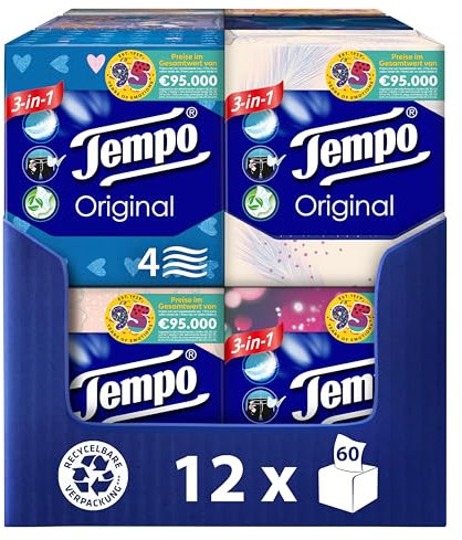 Tempo Original Taschentücher Würfelbox - Megapack - 12 Boxen, 60 Tücher pro Box - extra starke, weiche Papiertaschentücher, waschmaschinenfest