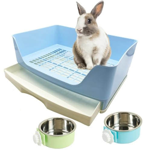 PINVNBY Rabbit Litter Box with Drawer for Cage Bunny Corner Litter Pan Box Small Animal Litter Pan Hanging Feed Bowls Cage Potty Trainer Pet Toilet for Rabbit Guinea Pigs Chinchilla Ferret