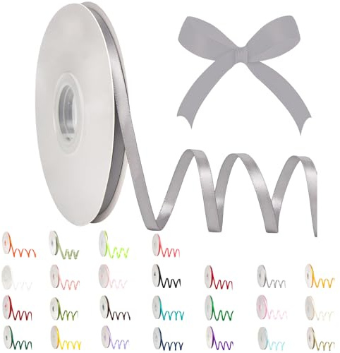 POPOYU Satinband 6mm Grau,Grau Band 6mm Natur,91m Dünn Geschenkband,Geschenkband und Schleifen für Geschenken,Bastelarbeiten,Haare,Ostern,Weihnachten,Hochzeit,Luftballons