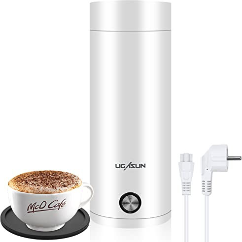 Kleiner Tragbarer Wasserkocher, 400ml Mini Tragbarer Elektrisch Wasserkocher Thermoskanne, Reise Wasserkocher mit Automatischer Abschaltung für Tee, Kaffee, Milch, 5 Minuten Schnelles Kochen (Weiß)