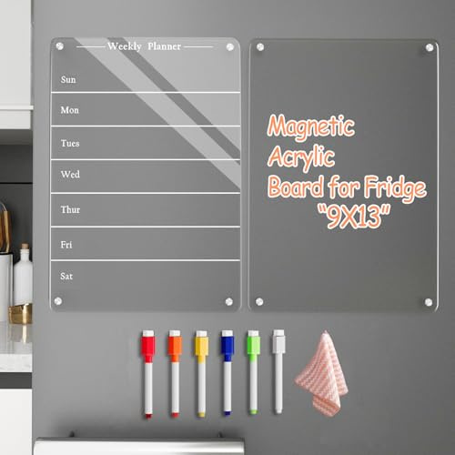 Todkoding 2 PCS 9x13 Clear Weekly Meal Planner Magnetic Acrylic Board,Acrylic Magnetic Dry Erase Board for Fridge, Magnet Week Calendar for Refrigerator Includes 6 Colors Markers and Pen Container