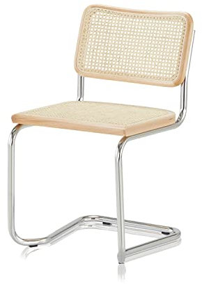 KHG Schwingstuhl Freischwinger chrom - Rückenlehne und Sitzfläche aus Massivholz Buche und Rattan - Esszimmerstuhl, Küchenstuhl Design Stuhl mit Wiener Geflecht