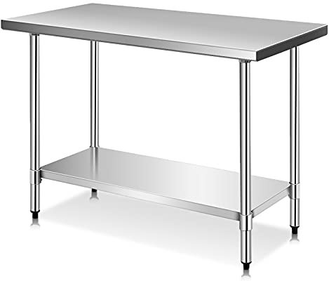COSTWAY 48 x 30 Inch/48 x 24 Inch/60 x 24 Inch Stainless Steel Catering Table, 250kg Load Commercial Work Table with Adjustable Bottom Shelf, Heavy Duty Food Prep Table for Kitchen Garage (48x24 Inch)