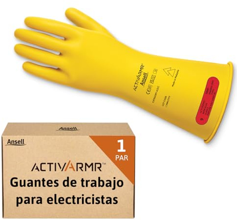 Ansell ActivArmr E013B Gants Electricien, Protection Électrique Classe 00 (Tension 500V), Gants Isolants en Latex de Caoutchouc Naturel, EPI pour Professionels, Noir, Taille M (1 Paire)