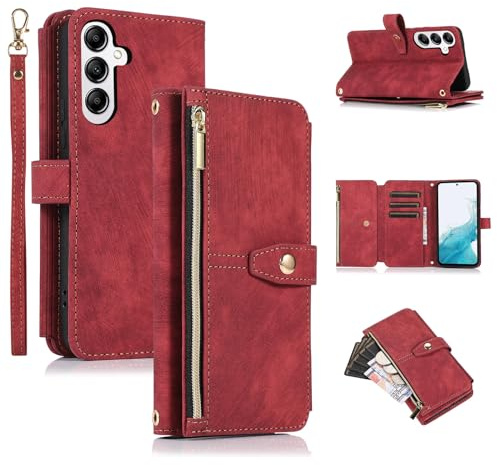 UEEBAI Étui pour Samsung Galaxy S24 5G, Portefeuille Cuir PU Rétro Rabat Antichoc Housse avec Dragonne Fentes Cartes Fonction Support Fermeture Magnétique Protection complète - Vintage Rouge