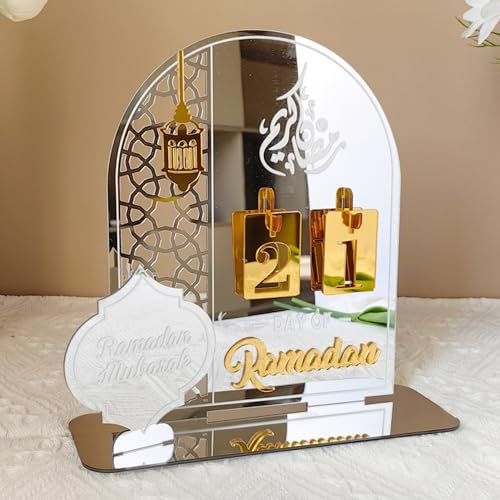 Ramadan Kalender Dekorative Adventskalender,Eid Mubarak Dekoration Ramadan aus Acryl Countdown Kalender Ornament Gebet Ramadan,Mubarak Deko Wohnzimmer Ramadan Geschenke für Kinder (Silber)