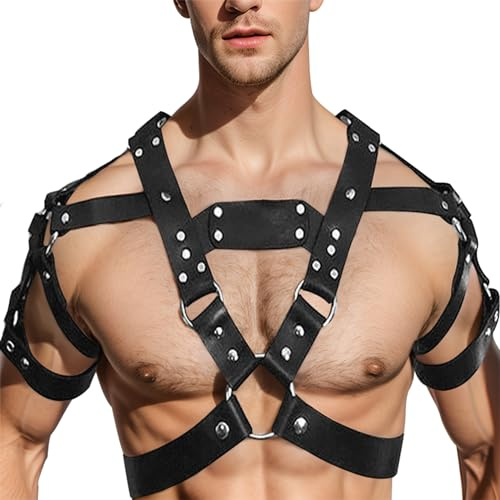 TUYMNI Männer Schwarz Sexy Leder Body Bodysuit Harness Brust Geschirr Punk Gothic Fetisch Bandage Kostüme Brustgeschirr Verstellbarer Brustgurt aus Leder Fetisch Erotik Brust Geschirr Dessous..