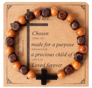 Eigso Herren Christliches Geschenk Kreuz Link Armbänder Hölzerne Mala Perlen Handgemachte Gebet Armbänder für Mann Frau