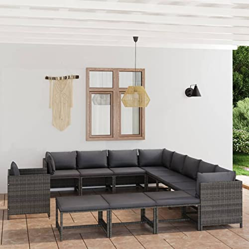 Homgoday 12-TLG. Garten-Lounge-Set mit Kissen Gartenmöbel Set Balkonmöbel Gartenlounge Gartensofa Ecksofa Modular Sofa Lounge Sitzgruppe für Garten Balkon Terrasse Poly Rattan Grau
