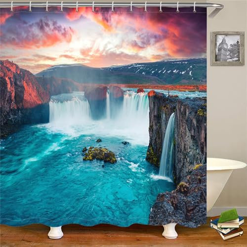 Duschvorhang Pfauenblauer Wasserfall Duschvorhang Stoff Polyester Badevorhang Duschvorhang Wasserdicht Antischimmel Shower Curtains mit 12 Duschvorhangringen Duschvorhang Badewanne 200x220cm