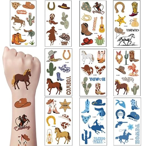 Qpout 10 Blätter Cowboy Temporäre Tattoos Westernpferd Rodeo Hüte Stiefel Gesicht Fake Tattoos, Jungen Cowboy Handwerk Western Party Temporäre Tattoo Pferd Aufkleber