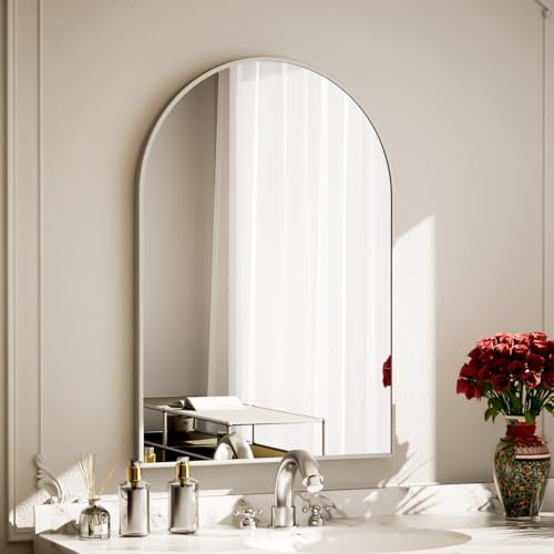 Koonmi Spiegel Silber 61×96cm Dekorative Wandspiegel Bogen Halbkreisförmig Spiegel, Silber Wandspiegel Badspiegel mit Aluminiumrahmen für Badezimmer Flur Wohnzimmer, Schlafzimmer