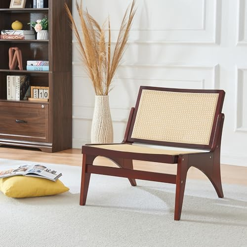 Panana Wood Frame Rattan Armchair With Seat and Backrest - Accent Chair for Living Room, Reception, Bedroom, Balcony (Walnut)