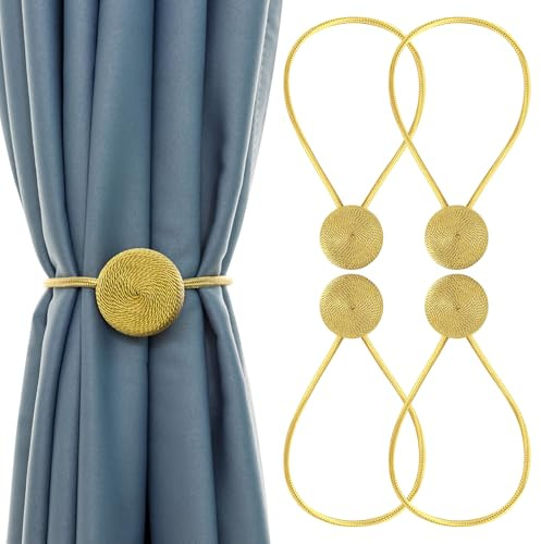 Zssxysm 4 Stück Magnetische Vorhang Raffhalter, Ggardinenhalter mit Magnet, Gardinen Raffhalter Clips Klammern für Vorhänge, Vorhangseil, Gardinen Zusammenbinden für Haus Dekoration (Gold)