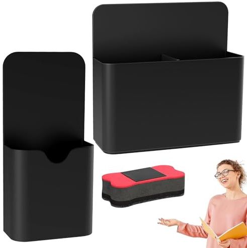 Stifthalter Magnetisch, 2 Stück Magnetisch Marker Halter Set, 2 Größe Magnet Stifte Halterung mit 1 Whiteboard Schwamm Magnetisch, Markerhalterung Zubehör mit Trennwand, für Schule, Büro (Schwarz)