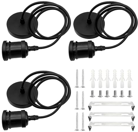 PRITOK 3 Pack E27 Industrial Style Black Ceiling Rose: Black Pendant Light Fitting, E27 Lamp Holders with 1m Flex Cable, Vintage Style Ceiling Pendant Fitting for Living Room, Hallway, Kitchen