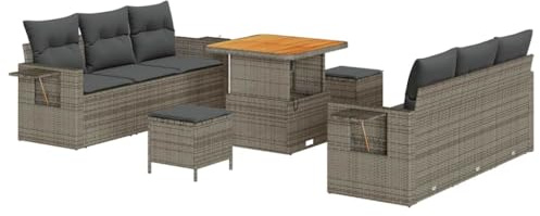 vidaXL Gartensofa-Set mit Kissen 9 pcs Grau Poly-Rattan, Garten und Terrasse, modernes Modulfurniture, UV-beständiges Set, Loungesofa aus Akazienholz