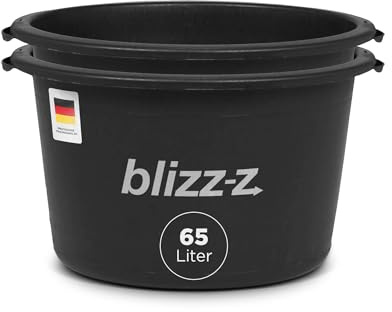 blizz-z Mörtelkübel Ø 60 cm x H: 35 cm (65 Liter) rund, schwarz - 2 Stück | in Profiqualität mit Literskalierung - Baueimer, Kübel, Mörtelwanne, Pflanzenwanne für Hochbeet, Kunststoff - Made in Germany