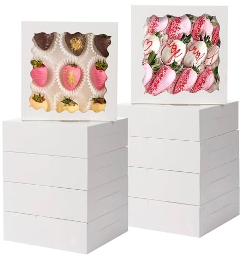 UDIHEBU Cookie Boxes, 10Pcs Dessert Boxes with Clear Window 8 x 8 x 2.5 Large Bakery Boxes White Treat Boxes for Muffins, Cupcakes & Pastries