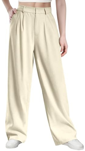 Glacspyg Damen Hohe Taille Freizeithosen Hochdichter Polyester Elasthan Stoff Business Arbeitshosen Glatte Elegante Weite Hosen mit Taschen