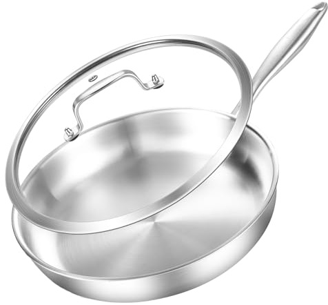 Nontoxicook 24cm Uncoated Tri-Ply Stainless Steel Frying Pan with Lid | 9inch Induction Skillet, Cooking Pan, Fast & Even Heat, Compatible with All Cooktops up to 315℃