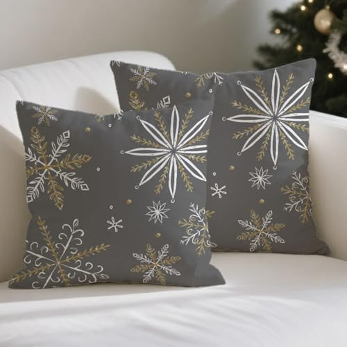 ViaElayu Kissenbezug Weihnachten 40x40 Weihnachtskissenbezüge Sofakissen Grau Weihnachtskissenbezug Kissenhüllen Weihnachtskissen Weiß Gold Schneeflocke Kissenhülle Winter Deko Kissen 2er Set