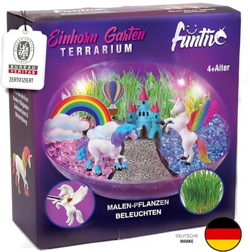 Einhorn Terrarium Bastelset für Kinder ab 4 6 8 Jahre - DIY Kit mit Bemalbaren Figuren, Magischer Garten,Kristalle & LED Lichterkette - Geschenk Mädchen Jungen (Einhorn Terrarium Kit)