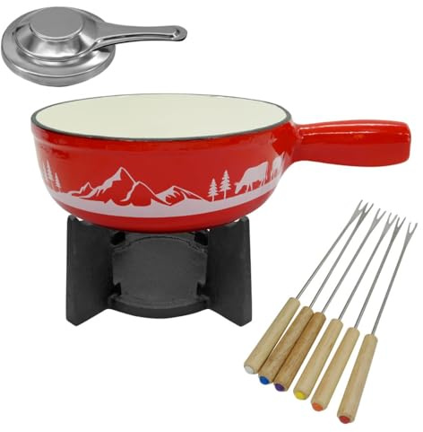 Fackelmann 686949 Service à fondue savoyarde pour 4 personnes, fondue bourguignonne, 1 caelon, 1 poêle, 1 brûleur 6 fourchettes, fonte émaillée, acier inoxydable, bois, rouge, diamètre 21 cm, 1,8 l