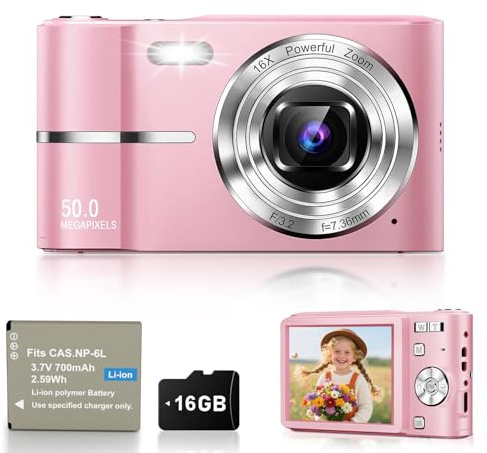 Digitalkamera 50MP Fotokamera 1080P Videokamera mit 16X Digitalzoom, 2,4 Bildschirm Vlogging Kamera Fotoapparat Mini Kompaktkamera für Kinder Teenager, 16G Karte (Rosa)