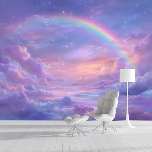 ZISTRCBAO Fotomurales Mar De Nubes Arcoíris 350x256cm, Papel Tapiz Fotográfico Seda Sueño De Acuarela, Púrpura Decoración De Pared Dormitorio Infantil
