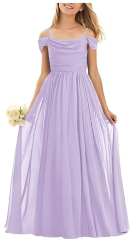BessDress Cold Shoulder Bridesmaid Dress for Teens Chiffon Long Flower Girl Dresses A Line Formal Pageant Gown Lilac 10