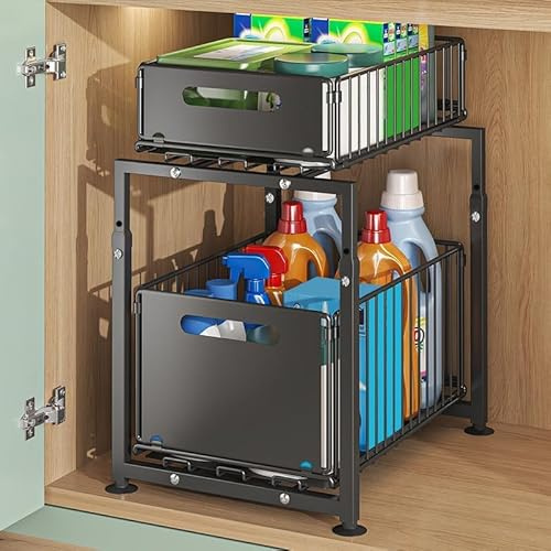 HUOLE Organisateur sous Evier Cuisine, Meuble De Rangement, Rangement Coulissant sous Evier Réglable en Hauteur, pour Cuisine Et Salle De Bain,29 x 38 x 49 cm (Noir)