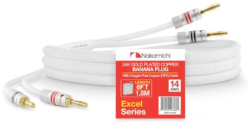 Nakamichi 24K vergoldeter Bananenstecker mit (6 Fuß) Lautsprecherkabel, 99,9% sauerstofffreies Kupfer (OFC), robustes geflochtenes Kabel, Heimkino-Verstärker - Weiß (14AWG / 6 Fuß / 1,8 Meter)