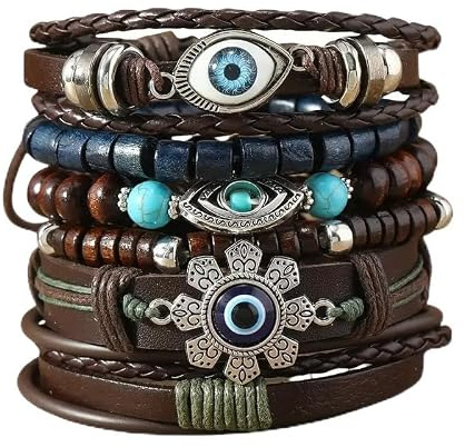 EGOINA 6-teiliges Boho Armband Set Unisex – Lederarmbänder mit Holzperlen & Stierkopf Anhänger, Vintage Mehrlagige Armbänder für Damen und Herren