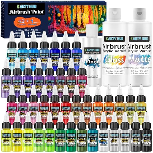 X ARTY HUB Bundle Definitivo de Pintura y Acabado para Aerógrafo – 42 Colores con Barniz Brillante y Mate (250 ml cada uno)