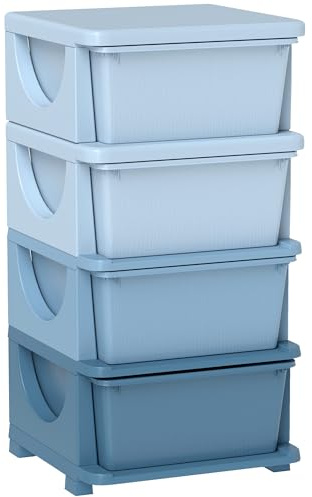 HOMCOM Torre de Almacenamiento Infantil con 4 Cajones 37x37x76 cm Azul | Organizador de Juguetes, para Niños de +3 Años, con Bordes Redondeados y Asas, para Guardería, Sala de Juegos, Dormitorio