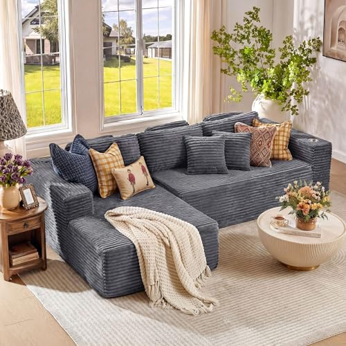 Generisch 275cm Ecksofa L-Form aus Cord, 3-Sitzer mit Ottomane Links, Modulares Schlafsofa Cloud-Couch, Boneless Couch Montagefrei, Bequemes Bodensofa für Wohnzimmer, Heimkino & Gaming, Grau