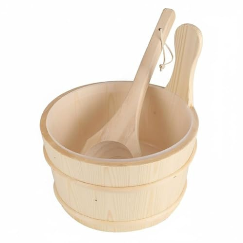 FytStycale Seau de Sauna Bain Bois Accessoire avec Louche en Bois Lisse Finition Soignée Doublure Plastique Alimentaire Facile à