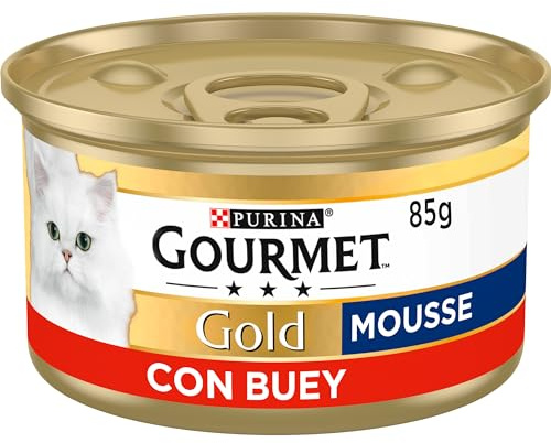 GOURMET Gold Mousse, Comida Húmeda para Gato Adulto, Mousse de Carne de Vacuno con Buey, Pack de 24 Latas de 85 g