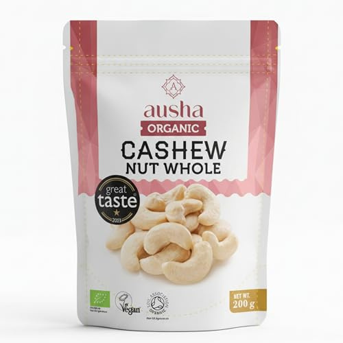 Ausha Organic CASHEW NUTS Whole 500g - 1* GREAT TASTE AWARD 2023 - UK Certified Organic by Soil Association - Premium Quality from Goa, India