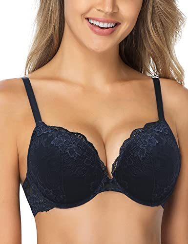WingsLove Women's Push up Bra Floral Lace Padded Underwire Bra Demi Plunge (Navy Blue 38C)