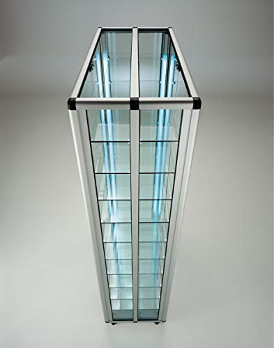 MHN Glasvitrine mit Rollen T 43 x B 99 x H 184,5 cm - 2-seitige Glas Standvitrine abschließbar - breite Raumteiler-Ausstellungs-Vitrine - LED-Beleuchtung