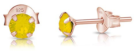Pendientes de Botón Plata Ley 925 Chapados Oro Rosa 18K on Cristales Brillantes Ópalo 4 mm - Pendientes Dorados para Mujer - Punto de Luz Hipoalergénicos